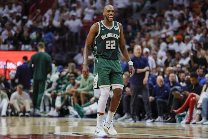 Milwaukee Bucks forward Khris Middleton (22) reacts in the second quarter against the Miami Heat